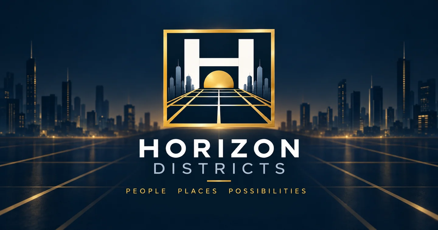 Horizon Districts complete H above a rising sun, city skyline and district grid