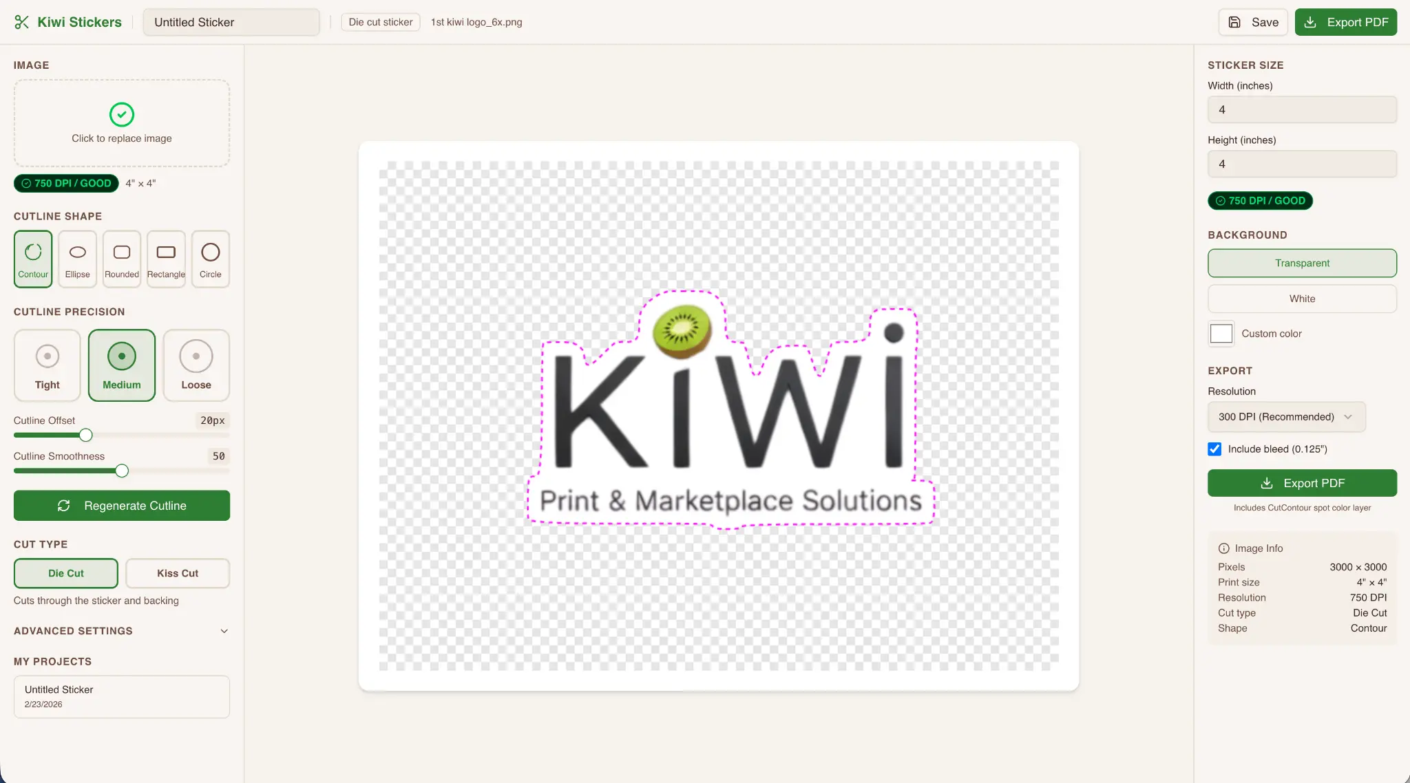 Kiwi Stickers ordering interface for reviewing sticker-oriented artwork and production options